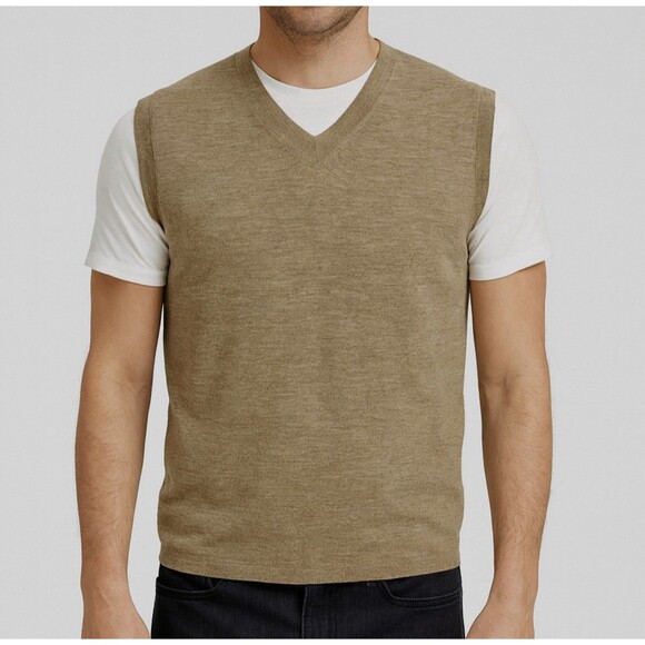 Banana Republic Merino Wool Sweater Vest Men’s L Tan Brown Italian Extra Fine - Picture 1 of 6